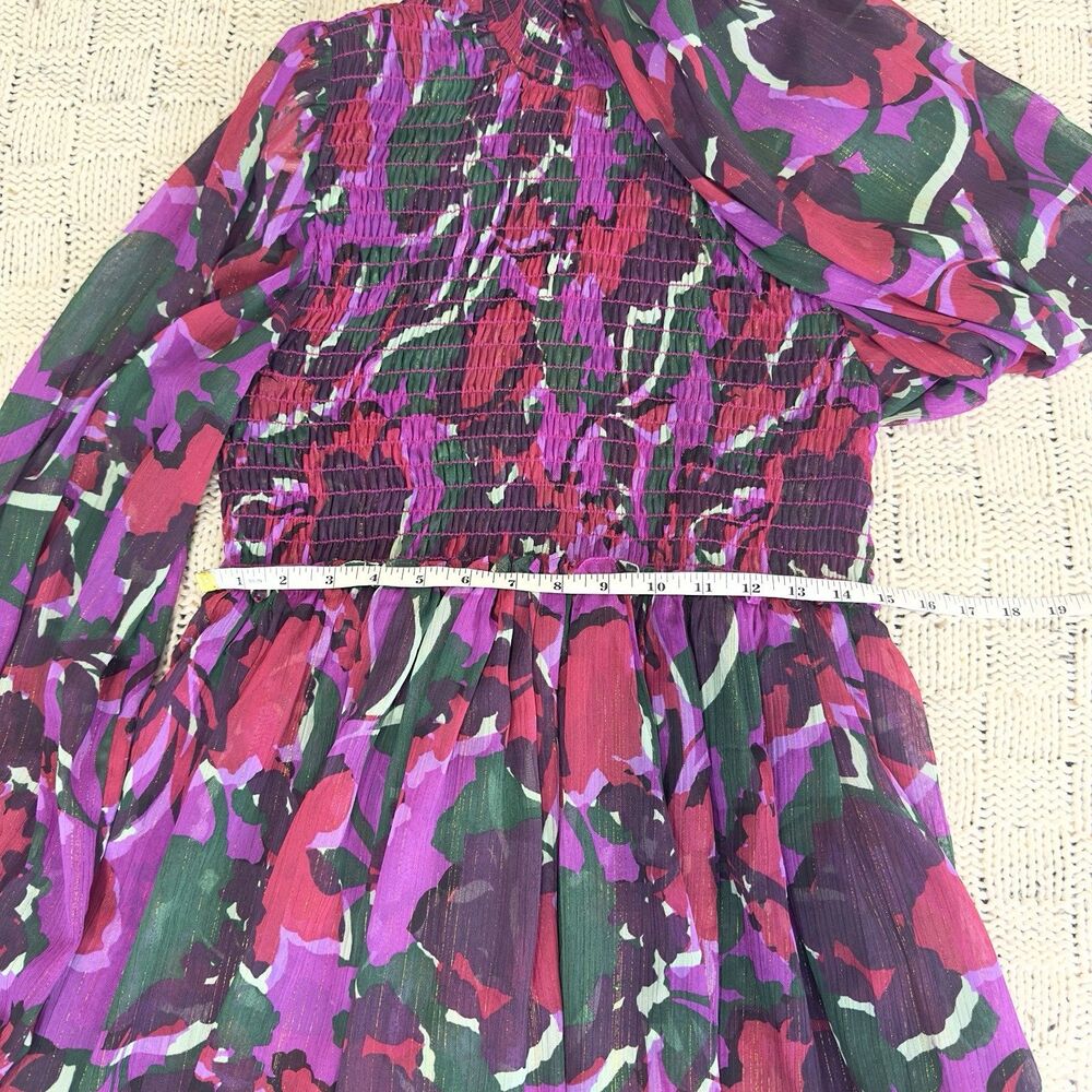 MISA Los Angeles Jessa Dress S Pink Purple Floral Lurex Smocked Mini Mock Neck - Picture 7 of 10